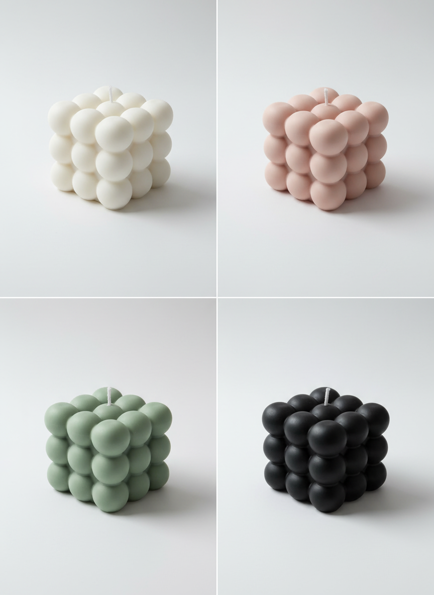 Lumânare prezentată în mai multe culori și materiale