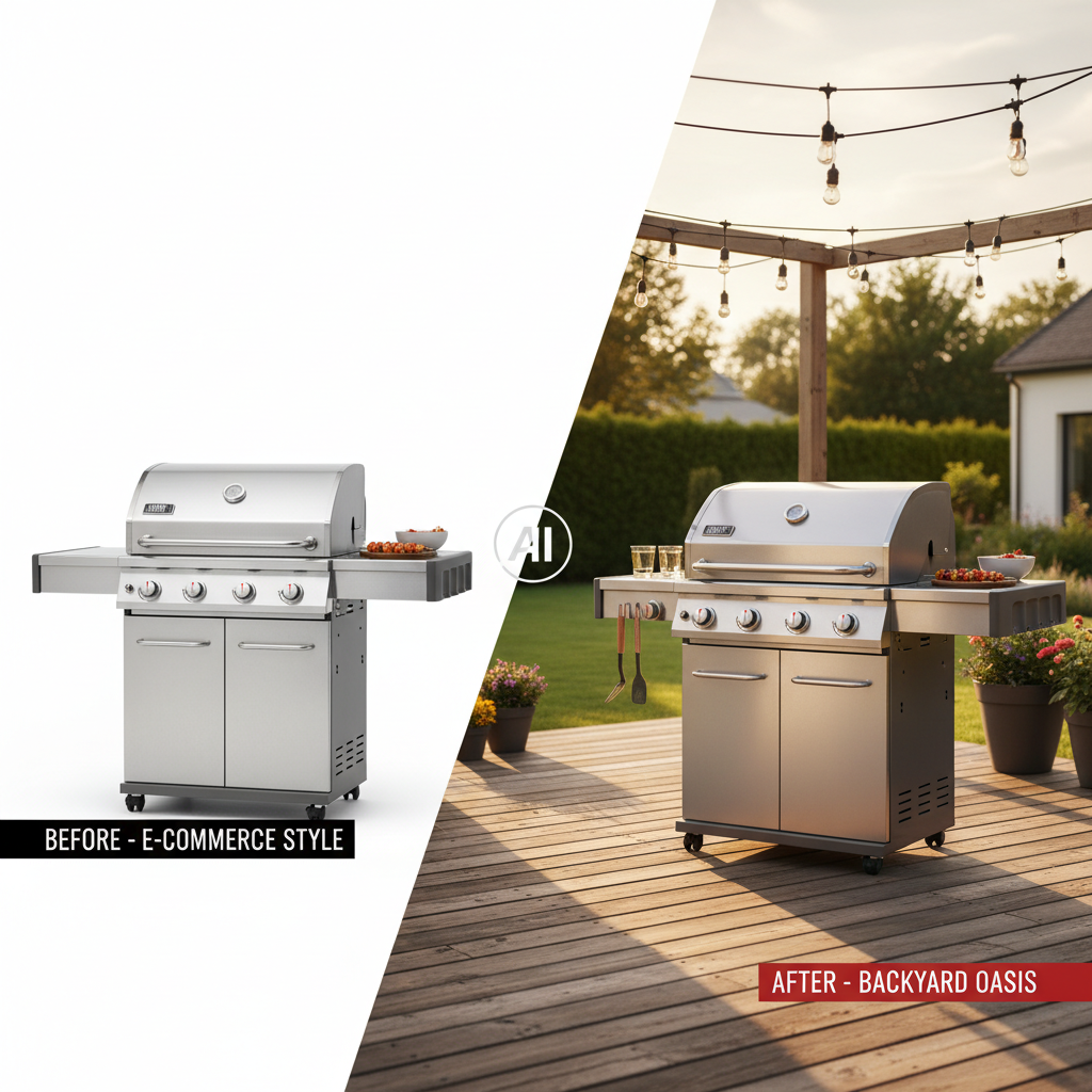 AI transformă fotografia de produs grătar în imagine lifestyle